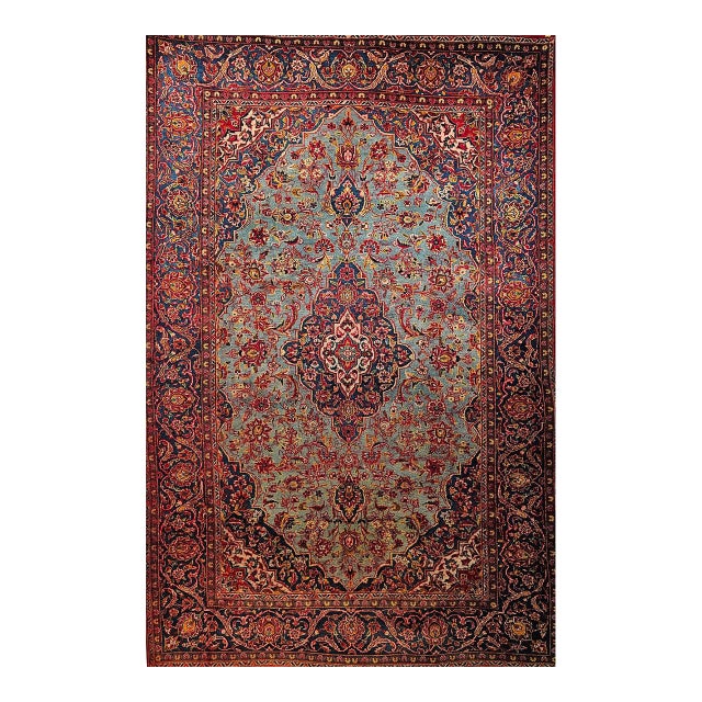 Early 20th Century Persian Kashan Rug, Hand-Knotted Wool, Floral Pattern, Turquoise & Red,6x9 For Sale