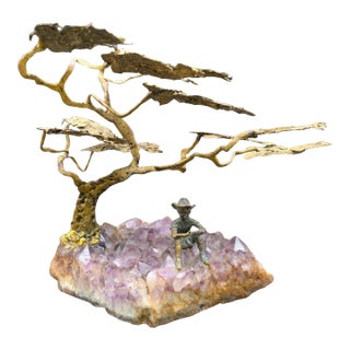 Vintage Bronze & Amethyst Sculpture: Boy Sitting Under Tree For Sale