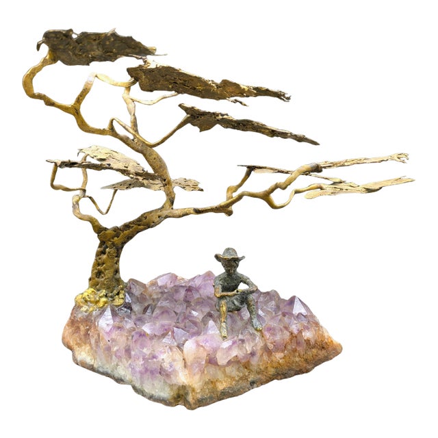 Vintage Bronze & Amethyst Sculpture: Boy Sitting Under Tree For Sale