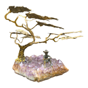 Vintage Bronze & Amethyst Sculpture: Boy Sitting Under Tree