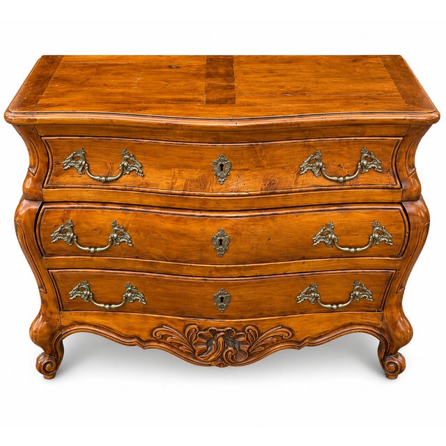 Louis XV style bombé commode, Solid carved cherry and walnut wood Excellent condition Dimensions: height 81 cm, length 109...