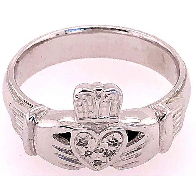 Antique White 14 Karat White Gold Claddagh Diamond Ring, Size 13 For Sale - Image 8 of 9