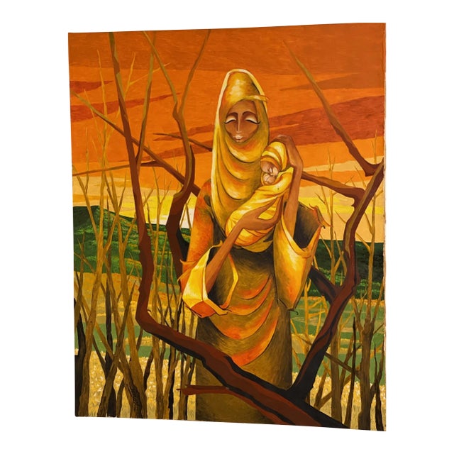 1971 "Mother Morning" Madonna & Child Painting by Rhoda Swaffer Earth Tones Tags For Sale