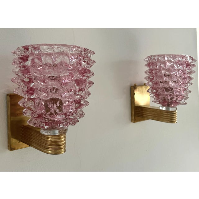 Italian Art Deco Style Brass and Pink Rostrato Murano Glass Wall Sconces, 1990s, Set of 2 For Sale - Image 6 of 13