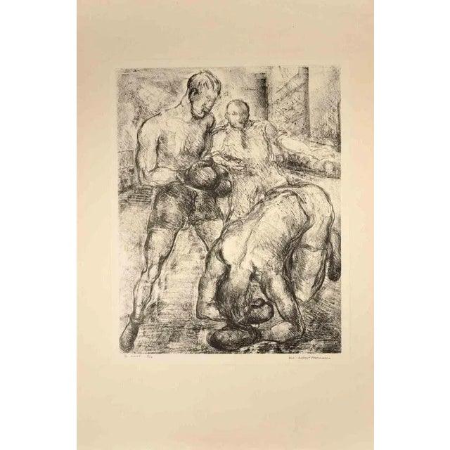 Boxeurs is a Lithograph on ivory-colored paper realized by Luc Albert Moreau. The artwork is in good condition. Hand-...