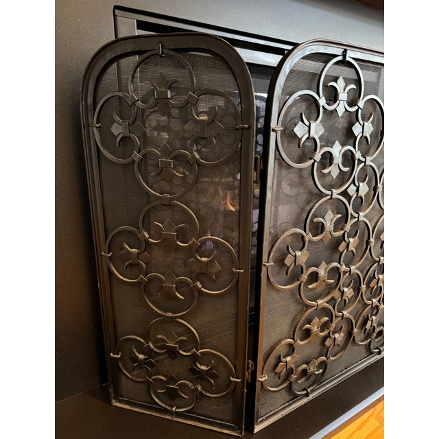 Vintage Spanish Revival Iron Three Panel Folding Fireplace Screen With Matching Vintage Wrought Iron 4 Piece Fireplace Tools With Stand For Sale In Philadelphia - Image 6 of 12