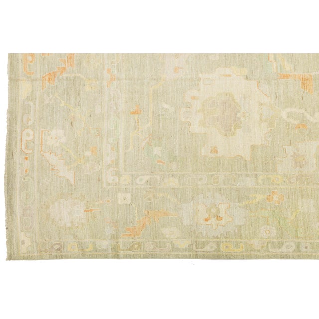 Modern Oushak Style Hand-Knotted Wool Rug Muted Sage & Apricot Floral Design For Sale - Image 10 of 11
