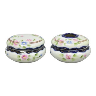Early 20th Century Victorian Japanese Hand Painted Porcelain Cobalt Blue Hair Receiver & Powder Jar For Sale