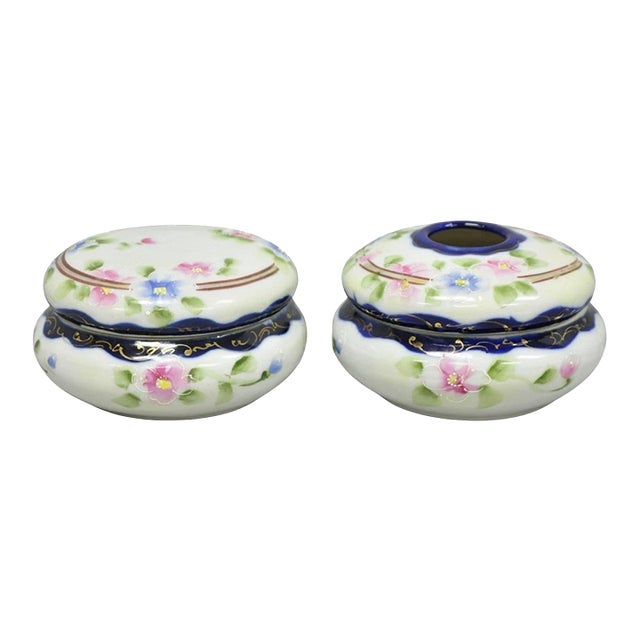 Early 20th Century Victorian Japanese Hand Painted Porcelain Cobalt Blue Hair Receiver & Powder Jar For Sale