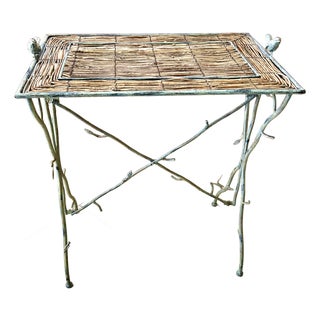 Twig Accent Table, With Twig Woven Mat, Branch-Like Metalwork, Garden Table Adorned With Metal Birds and Leaves, 1970’s For Sale