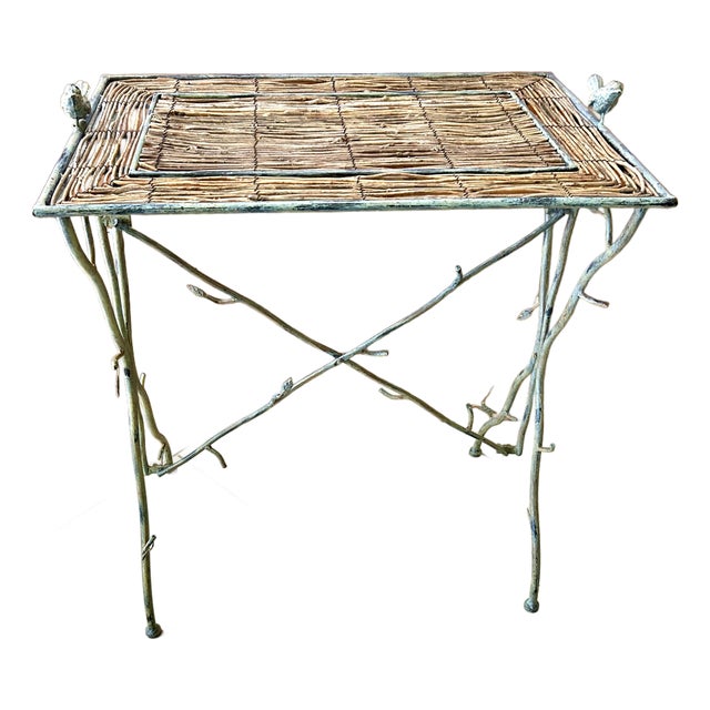 Twig Accent Table, With Twig Woven Mat, Branch-Like Metalwork, Garden Table Adorned With Metal Birds and Leaves, 1970’s For Sale