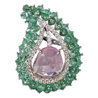 Set in 18k White Gold, Emeralds, Ceylon Pink Sapphire & Diamonds Cocktail Ring, Us 6.5 For Sale