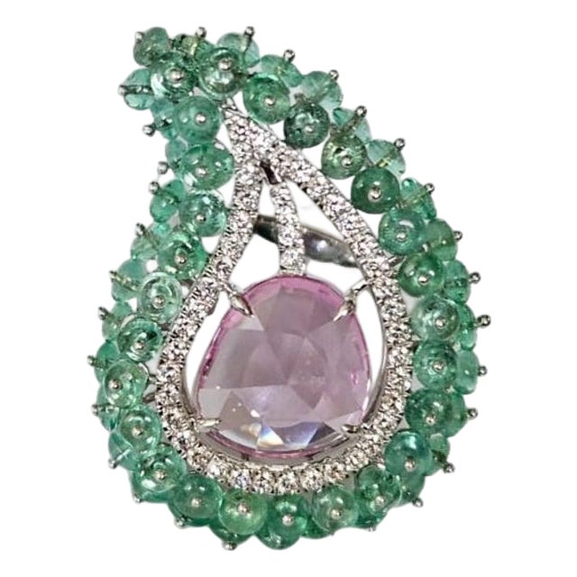Set in 18k White Gold, Emeralds, Ceylon Pink Sapphire & Diamonds Cocktail Ring, Us 6.5 For Sale
