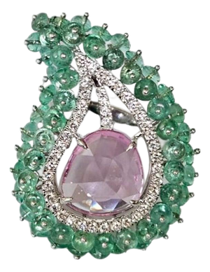 Set in 18k White Gold, Emeralds, Ceylon Pink Sapphire & Diamonds Cocktail Ring, Us 6.5