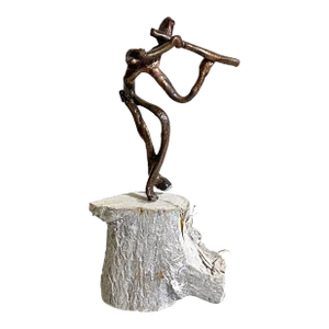 Korean Bronze Sculpture of a Flautist on Wood Stand 3.5" H Signed