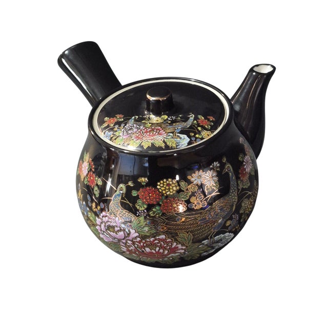 Vintage Asian Japanese Sake Pot Decorated Garden Floral Peacock Tea Pot For Sale - Image 6 of 6