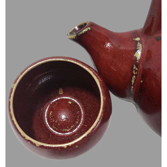 Vintage Asian Red Glazed Earthenware Tea Pot & 2 Cups For Sale - Image 4 of 12