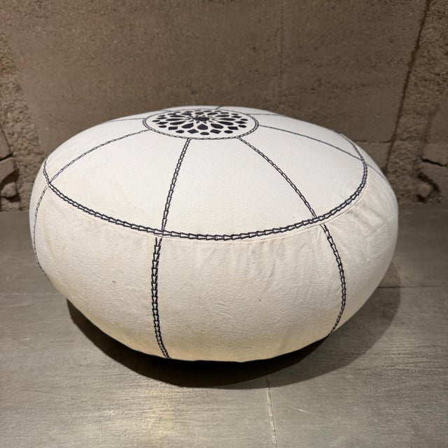 Vintage Modern White Moroccan Fabric Pouf Geometric Medallion For Sale In San Diego - Image 6 of 9