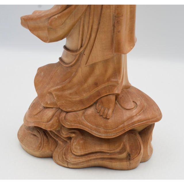 Vintage Guanyin the Bodhisattva of Compassion Hand Carved Wood Statue Figure For Sale - Image 4 of 10