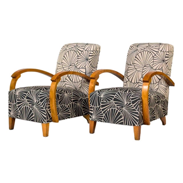 French Art Deco Birch Armchairs With Fan Motif Upholstery - Pair For Sale