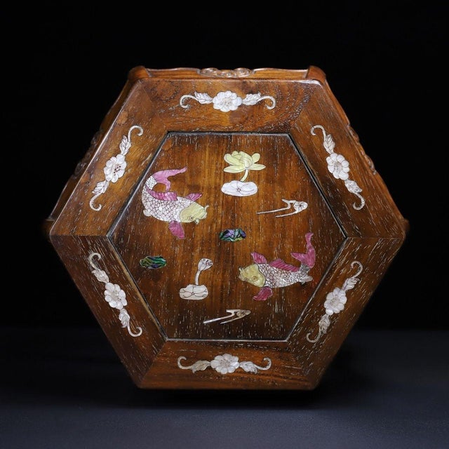 Shell Vintage Chinese Huali Rosewood Mother-of-Pearl Inlaid "Fish & Lotus" Hexagonal Stool For Sale - Image 7 of 10