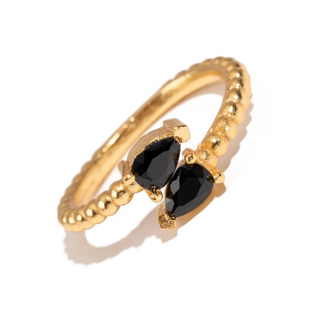Modern Black Onyx Teardrop Glow Gold Adjustable Ring, Size 8 For Sale - Image 3 of 10