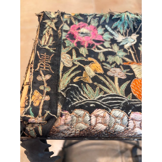 Onyx Antique Metal Vanity Stool With Tattered Chinoiserie Needlework Seat For Sale - Image 8 of 10