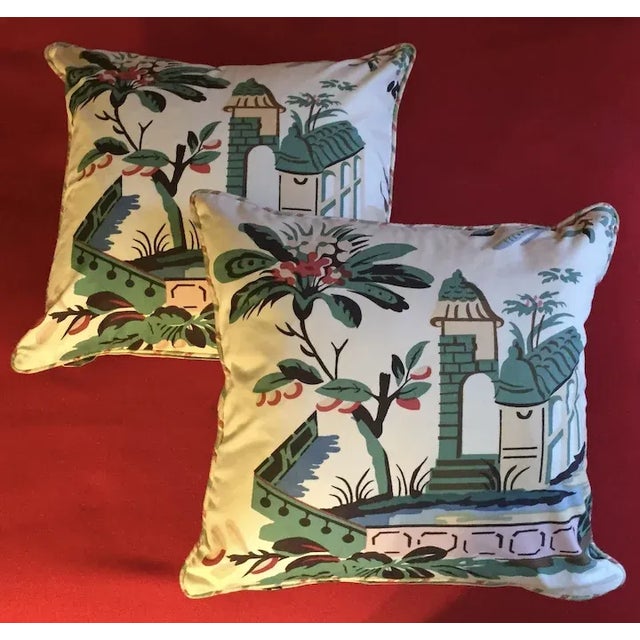 Art Deco Vintage Custom Chintz Pillow in Art Deco & Chinese Chippendale Pattern - a Pair For Sale - Image 3 of 11