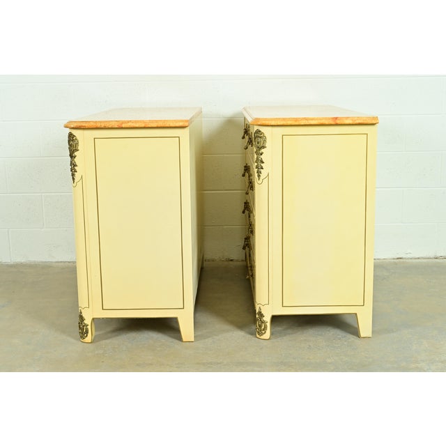 Baker Furniture Style French Regency Louis XVI Chinoiserie Cream Lacquered Dresser Chests, Pair For Sale - Image 9 of 11