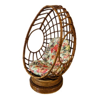 Vintage Faux Tortoise Rattan Swivel Egg Chair With Custom Cushion For Sale