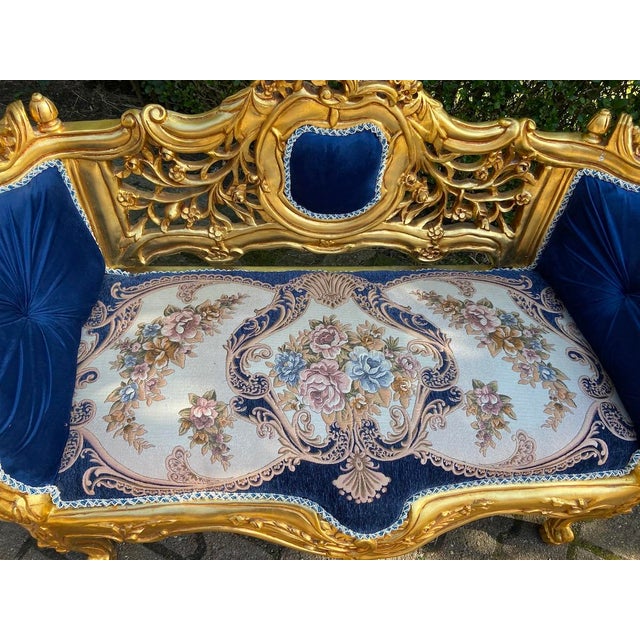 Late 20thC French Louis XVI Blue Velvet Antique Gold Beech Settee For Sale - Image 13 of 14