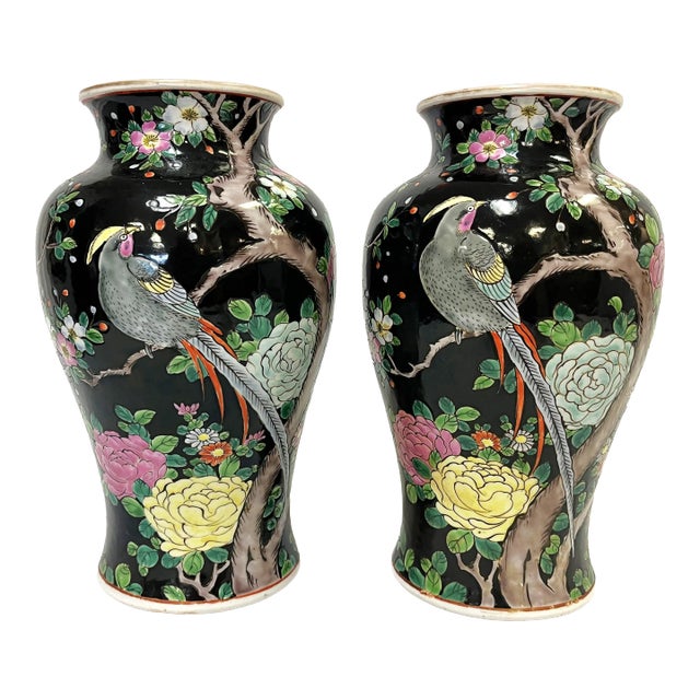 Mid Century Chinoiserie Birds With Peonies Hand Painted Porcelain Vases- a Pair For Sale