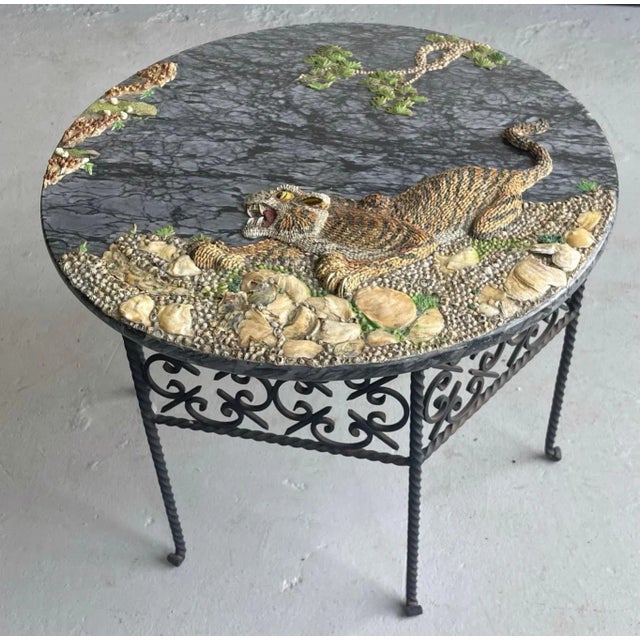 Ornate Grotto Shell Tiger Motif Round Marble Coffee Table With Iron Base For Sale - Image 4 of 7