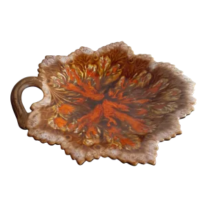 1960s Artist Signed Treasure Craft Leaf Shaped Shallow Bowl With Handle