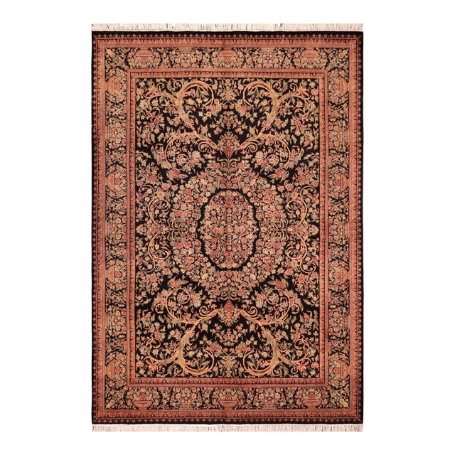Shabby Chic Medallion 1990's Pak-Persian Black/Gold Wool Rug - 5'11'' X 9'1'' For Sale