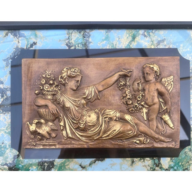 Vintage Bronze Bas Relief Framed Wall Plaque Featuring Woman and Cherub For Sale - Image 10 of 10