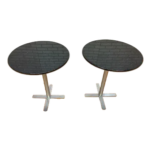 Vintage Round Granite Top Bistro Side Tables - Pair