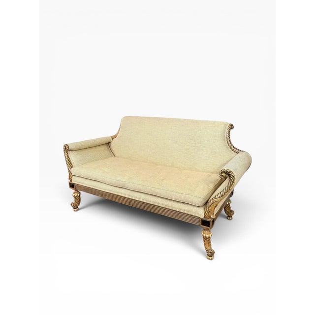 Traditional Vintage Carved Wood Settee With Gold Leaf Accents and Textured Upholstery For Sale - Image 3 of 11