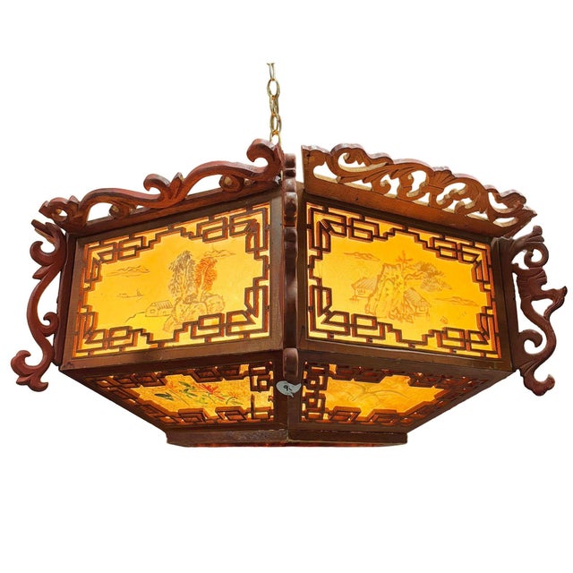 1950s Mid-Century Carved Chinese Rosewood Painted Lantern Hanging Chandelier Lamp For Sale - Image 11 of 14