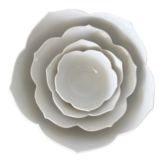 Mid 20th-Century Crisp White Porcelain Serveware Nesting Lotus Bowls - 4 Pieces For Sale