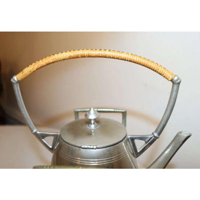 Antique Art Deco Wicker Wrapped Nickel Plate Tea Set Kettle Dispenser Stand Set For Sale - Image 10 of 11