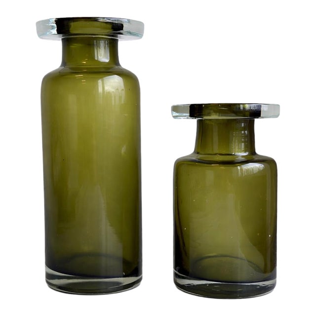 Set of 2 - Italian Empoli-Style Olive Glass Hurricane Candle Holders – Sculptural Pair For Sale