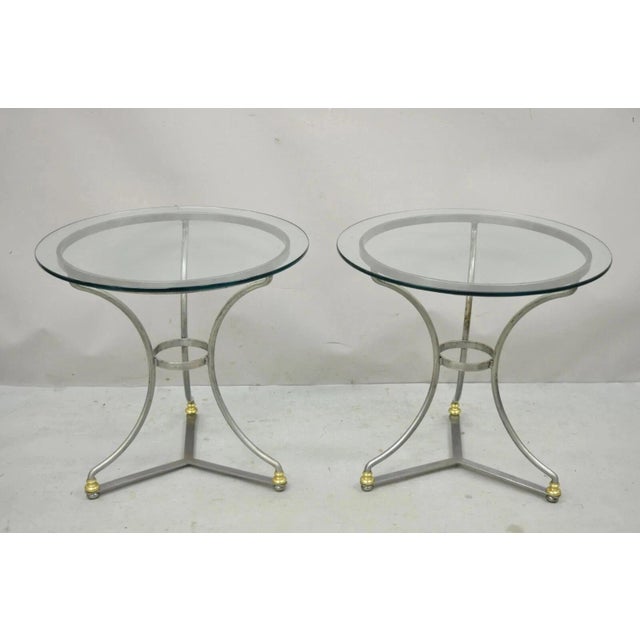 Vintage Italian Neoclassical Maison Jansen Style Brushed Steel & Brass Round End Tables - a Pair. Item features brushed...