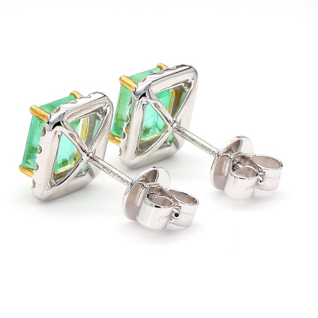 2.60 Carat Emerald Cut Emerald and Diamond Halo 18k Two Tone Gold Stud Earrings, Pair For Sale In Miami - Image 6 of 9