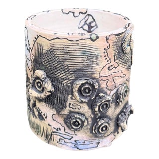 Vintage Signed Studio Pottery Vessel With Abstract Relief Design For Sale