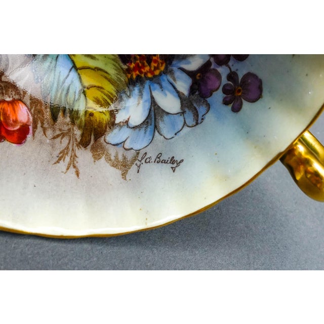 Anysley j.a. Bailey Signed Vintage Pink Cabbage Rose Green Gold Tea Cup & Saucer For Sale - Image 11 of 12