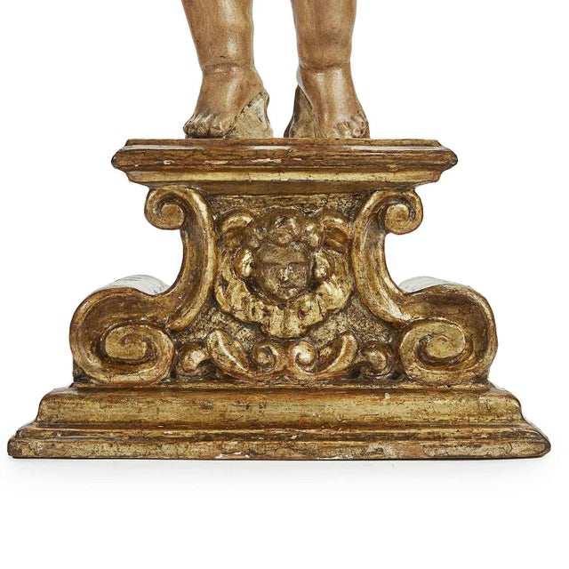 Gold Cherub Figures on a Sculpted Base, 1700s, Pinus Cembra For Sale - Image 8 of 10