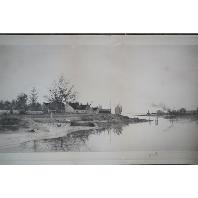 Late 19th Century Antique 19th Century Coastal Fishing Village Tugboat Sailboat Etching 29" For Sale - Image 5 of 11