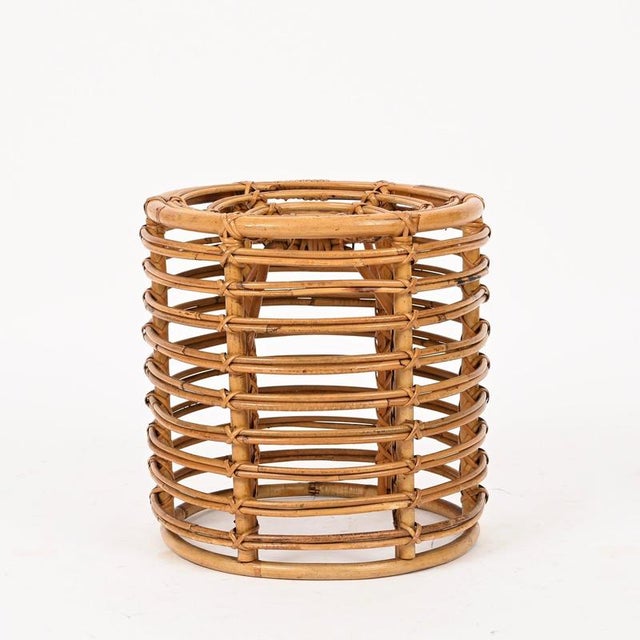 Gold Rattan and Wicker Round Pouf Stool attributed to Tito Agnoli, Italy, 1960s For Sale - Image 8 of 12
