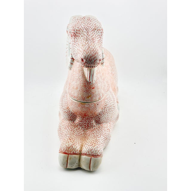 Red Vintage Bombay Company Chinoiserie Ceramic Aries Ram Lidded Vessel For Sale - Image 8 of 10